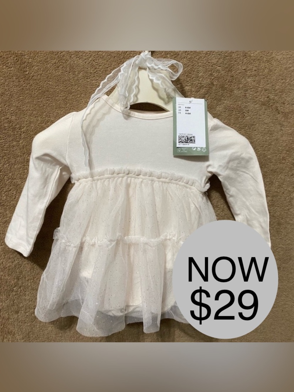 NWT H&M Cream Long Sleeve Baby Dress with Tulle Skirt 4-6MOS